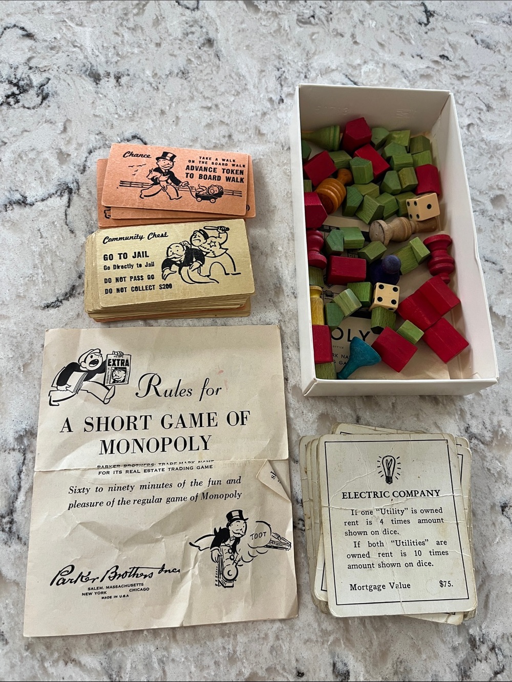 Monopoly vintage Game Pieces & Cards - Assorted Green, Red, Cream Pieces